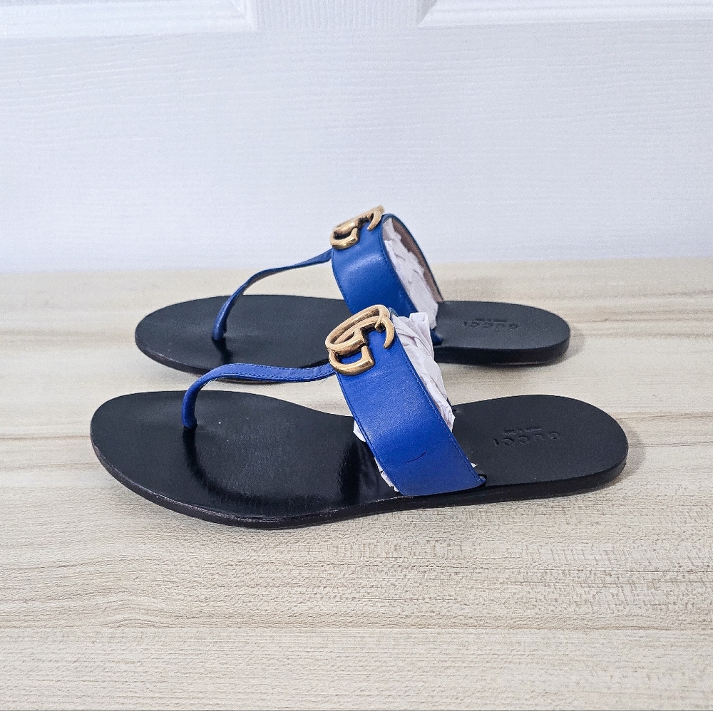 Gucci GG Marmont Calfskin Leather Thong Sandals In Electric Blue Size 37 - Picture 9 of 14